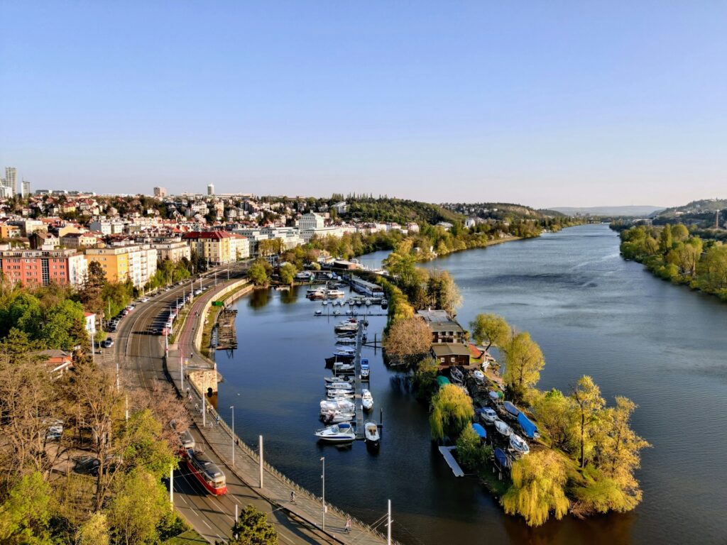 View over Vltava river and Podoli district of Prague from Vyšehrad